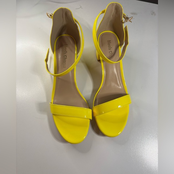 Yellow Chunky Block Heel Sandals (Open Toe Ankle Strap) - Picture 2 of 9